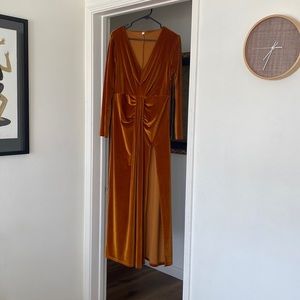 Marigold long sleeved, floor length, velvet dress.